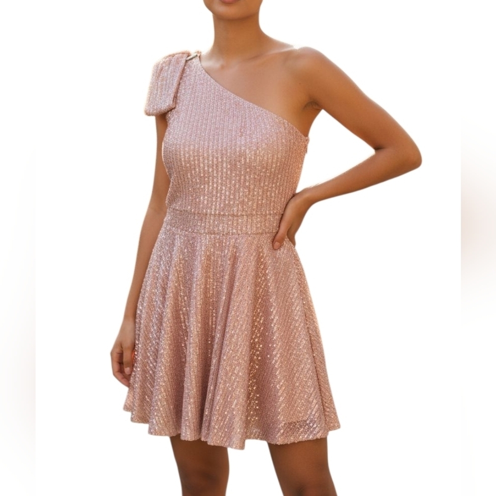 Jasambac NWT Women's One Shoulder Sexy Cocktail Formal Dress, Rose gold color M